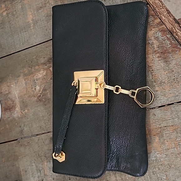 Zac Posen Handbags - Zac Pozen Italian Black Leather Clutch with Gold Tone Hardware Unique Clasp
